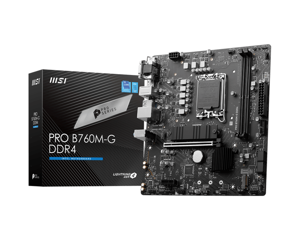 MSI PRO B760M-G DDR4, Socket 1700, INTEL B760, 2x DDR4, Maximum Memory Capacity 64GB, 1x HDMI,1x DisplayPort, 1x VGA, 1x PCI-E x16 slot, 2x M.2, 4x SATA 6G, mATX Motherboard | 911-7D90-006