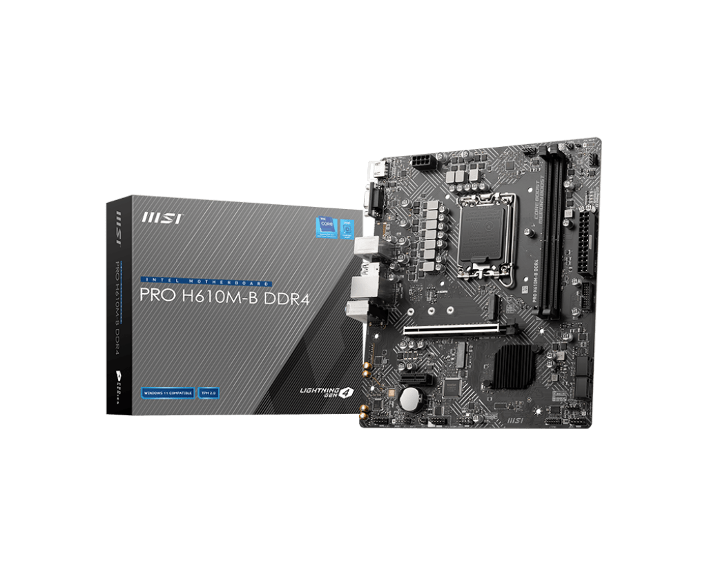 MSI PRO H610M-B DDR4, Socket 1700, INTEL H610, 2x DDR4 memory slots, support up to 64GB, 1x HDMI, 1x VGA port, 1x PCI-E x16 slot,1x M.2, 4x SATA 6G, M-ATX Motherboard | 911-7D46-004