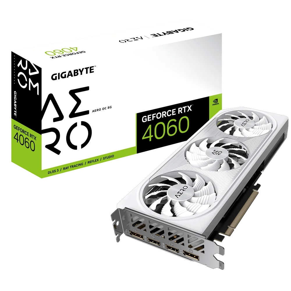 GIGABYTE RTX 4060 AERO OC Graphics Card, 8GB GDDR6 128 bit Memory, 2550 MHz Core Clock, 17Gbps Memory Speed, 3072 CUDA Cores, PCI-E 4.0 | GV-N4060AERO OC-8GD