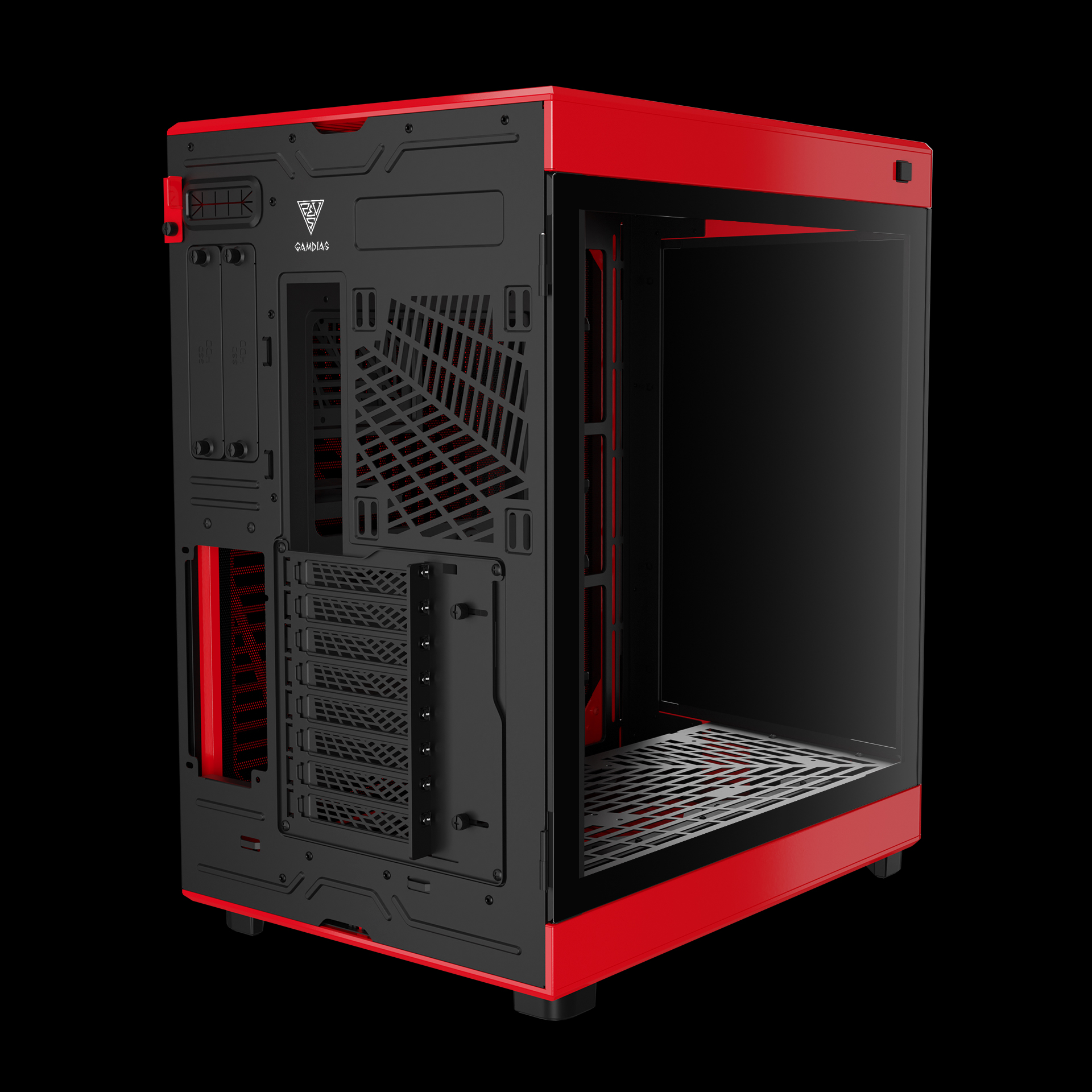 Gamdias NESO P1 BR CASE ,Trapezoid Shaped for Horizontal Desktop and Vertical Tower Setup 8 Slot Horizontal and Vertical GPU Holder Takes GPU Length up to 426mm Supports Radiators up to 360mm, and 420mm Side _ Red