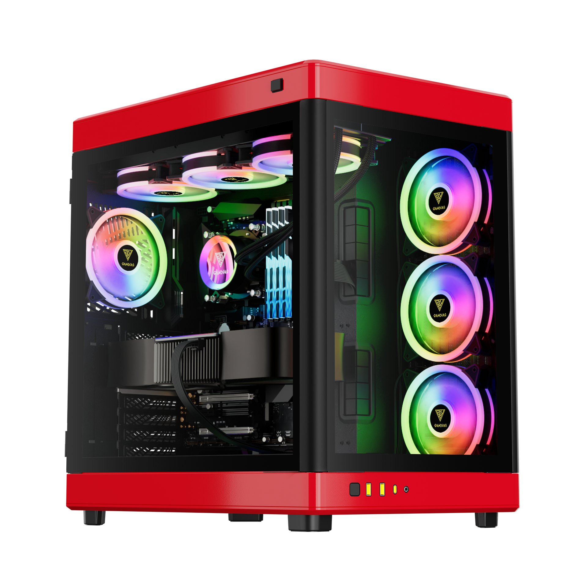 Gamdias NESO P1 BR CASE ,Trapezoid Shaped for Horizontal Desktop and Vertical Tower Setup 8 Slot Horizontal and Vertical GPU Holder Takes GPU Length up to 426mm Supports Radiators up to 360mm, and 420mm Side _ Red