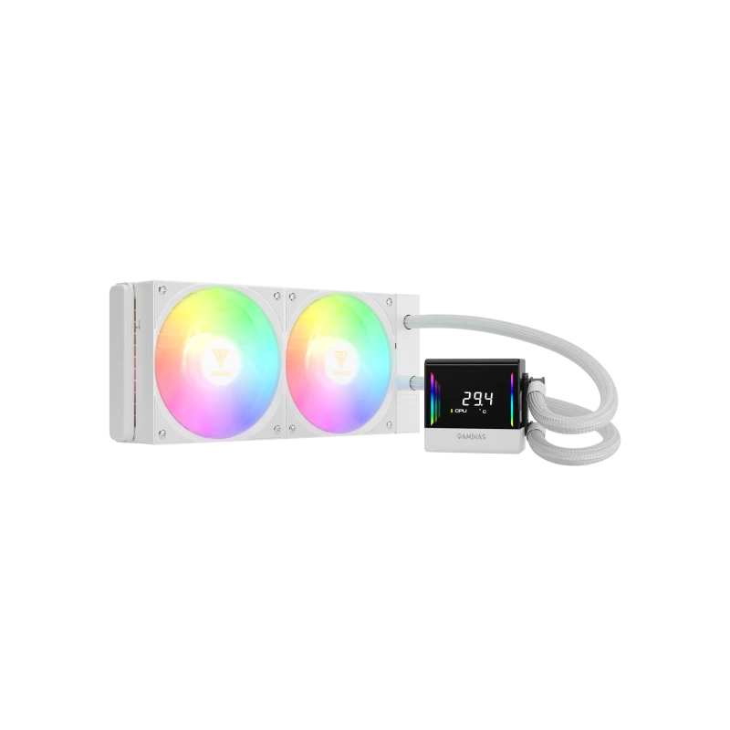 GAMDIAS CHIONE E4-240 White Liquid CPU Cooler, 240mm Radiator, Dual Infinite Mirror, Real-Time Digital Display, Upgraded Fluid System, ARGB Fans