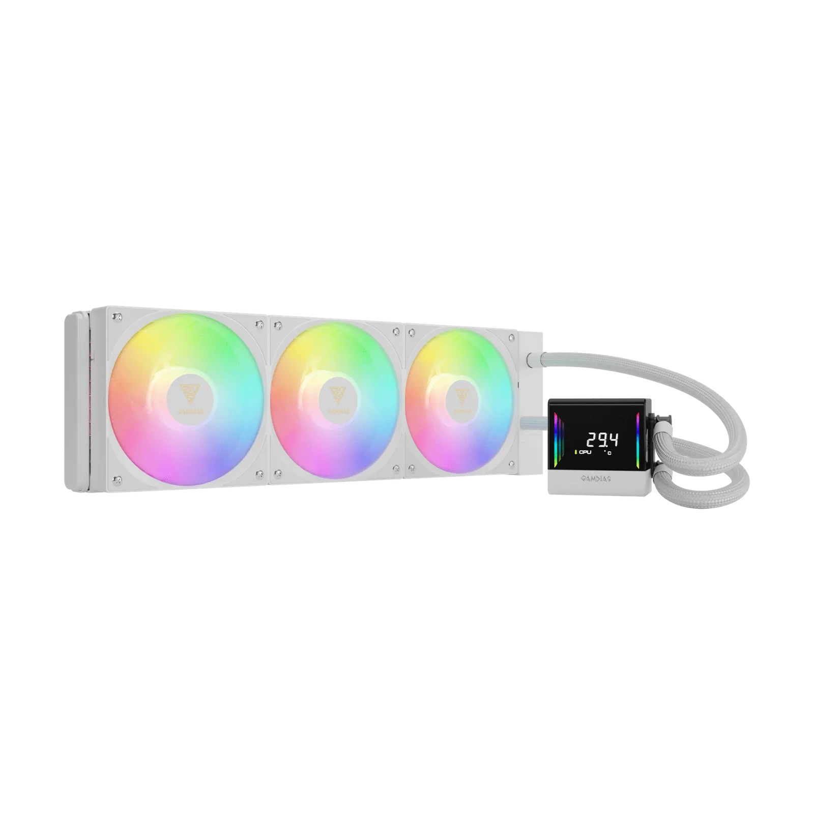 GAMDIAS CHIONE E4-360 White Liquid Cooler. Dual Infinite Mirror. Real-time Digital Display. Upgraded Fluid System