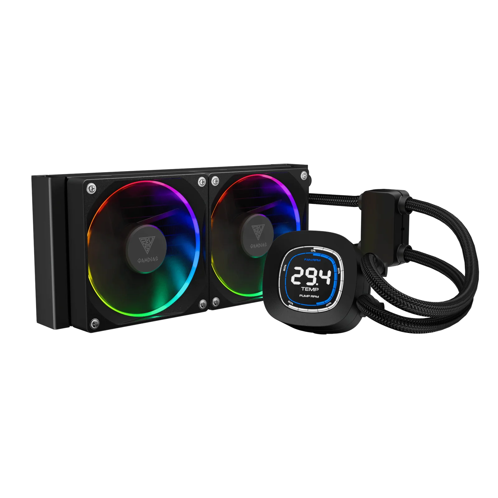 GAMDIAS CHIONE M4-240 Black Liquid Cooler. Rotatable 2.1″ LCD Displays Real-time System Information. New Cooling Route System for Better Performance