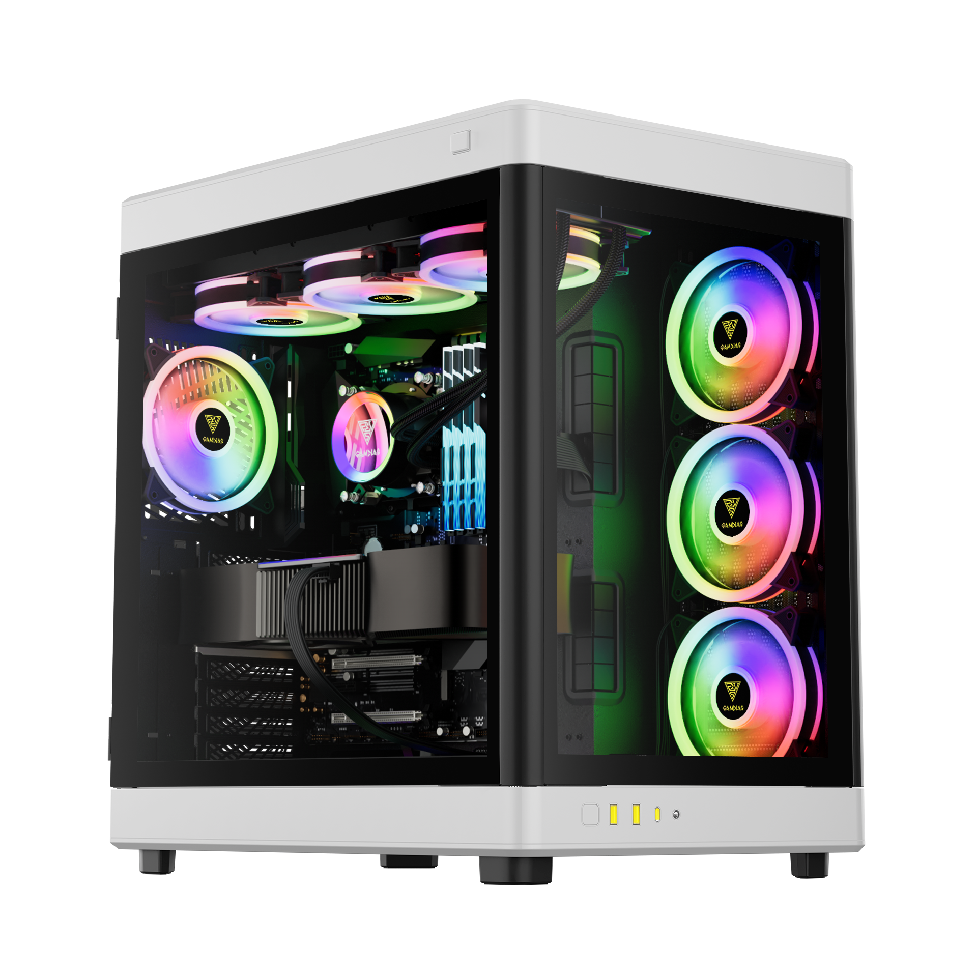 Gamdias NESO P1 BW CASE ,Trapezoid Shaped for Horizontal Desktop and Vertical Tower Setup 8 Slot Horizontal and Vertical GPU Holder Takes GPU Length up to 426mm Supports Radiators up to 360mm, and 420mm Side _ White/Black