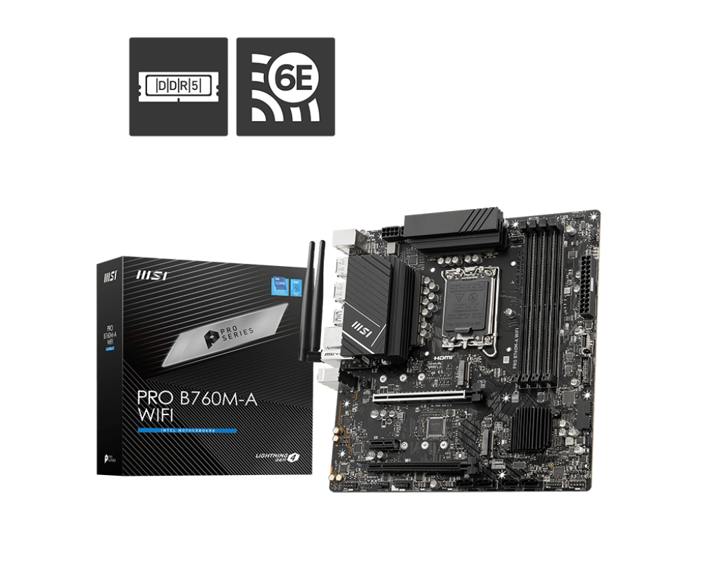 MSI PRO B760M-A WIFI Motherboard, LGA 1700, 4x DDR5, Max 256GB, 2x PCI-E x16 slot, 2x M.2, Intel® Wi-Fi 6E