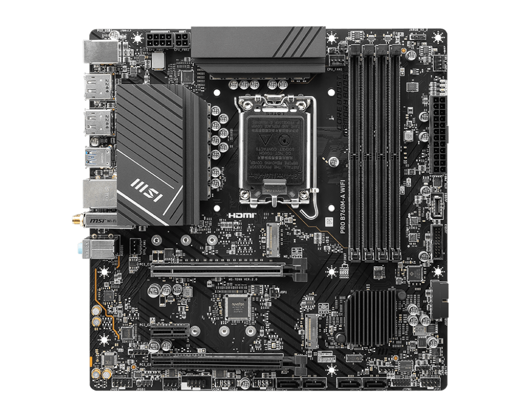 MSI PRO B760M-A WIFI Motherboard, LGA 1700, 4x DDR5, Max 256GB, 2x PCI-E x16 slot, 2x M.2, Intel® Wi-Fi 6E