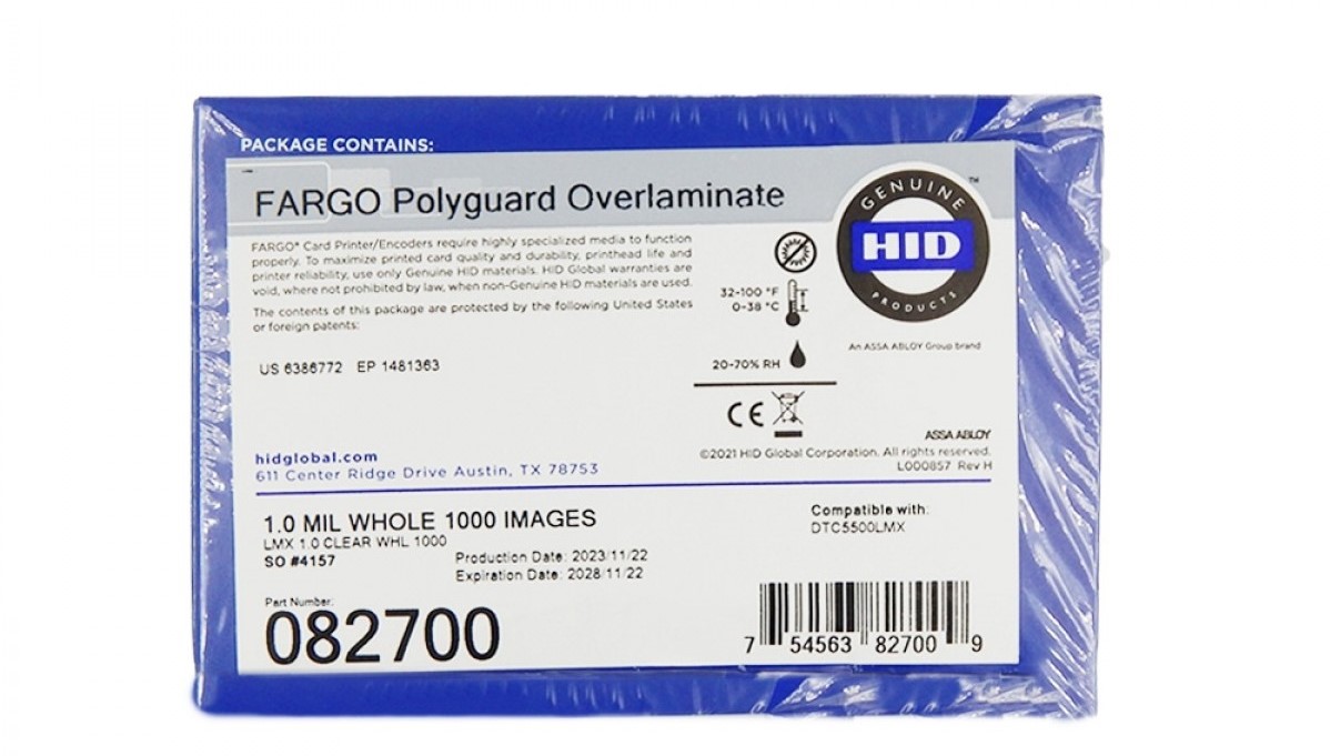 Fargo DTC 82700 Poly Guard LMX 1.0 mil Overlaminate, Clear, 1,000 count