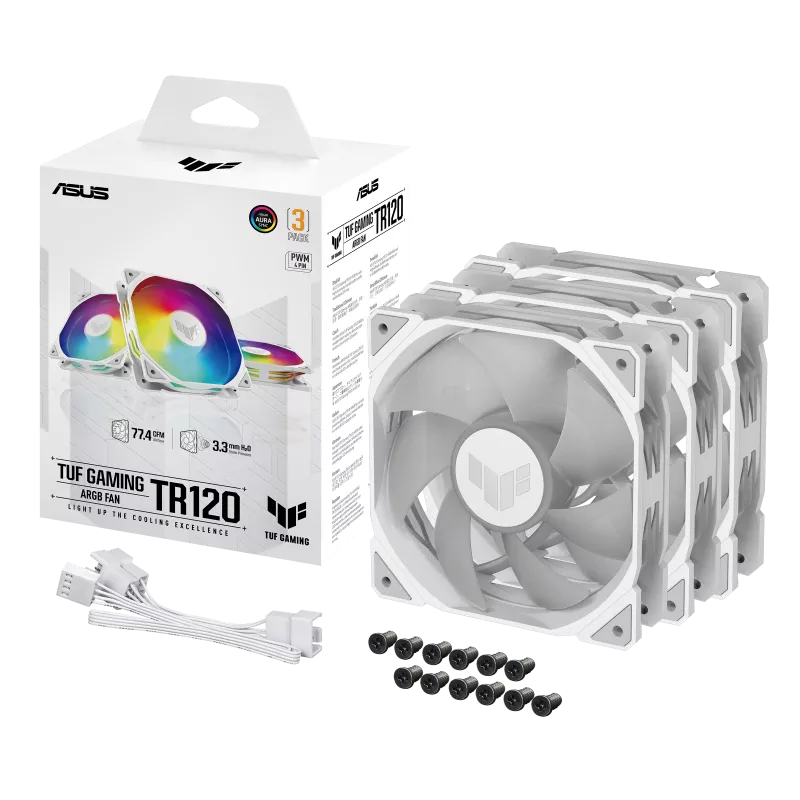 TUF Gaming TR120 ARGB Chassis Fan, 28mm fan frame, PWM control, Aura Sync,2000 rpm, Triple Pack - White | 90DA0093-B09020