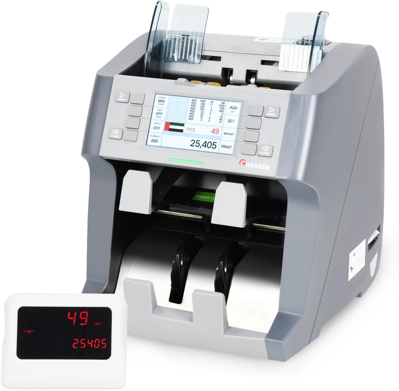 Cassida Neo Max 2-pocket, Efficient Bill Counter for retail, Mix Value Counter And Sorter With Printer, Up to 30 Currencies, Touchscreen LCD Display, Automatic Currency Recolonization, Roller Fiction Feeding