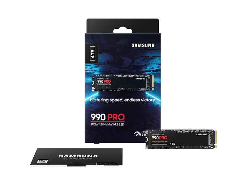 Samsung 990 Pro 4TB NVMe Form Factor M.2 Internal SSD, PCIe Gen 4.0 x4, NVMe 2.0 Interface, 7450 MB/s Sequential Read Speed, 6900 MB/s Sequential Write Speed, 3.3 Voltage, V-NAND 3-bit MLC | MZ-V9P4T0BW