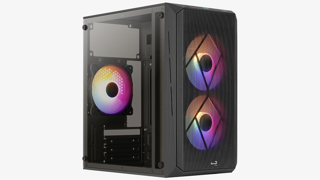 Aerocool CS-107 MINI TOWER CASE, ACRYLIC SIDE PANEL, 120m FRGB fans x 3 included | CS-107-A-BK-v2