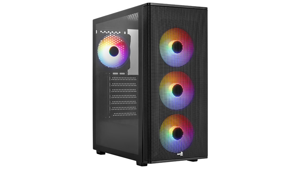 Aerocool Designer-G-BK-v2, Sleek mesh front panel, tempered glass panel  4xpre-installed RGB fans