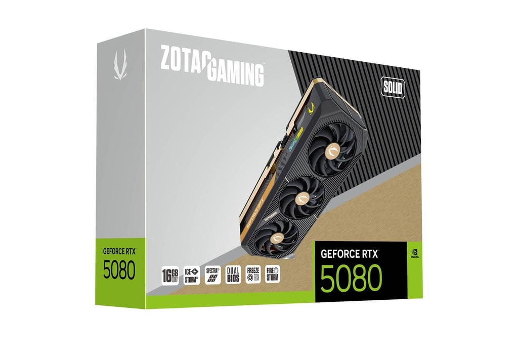 ZOTAC GAMING NVIDIA GeForce RTX 5080 SOLID Graphic Card, DLSS4, 16GB GDDR7, 10752 CUDA cores, 30 Gbps, 256-bit, 2617 MHz, PCI E 5.0, Black | ZT-B50800D-10P