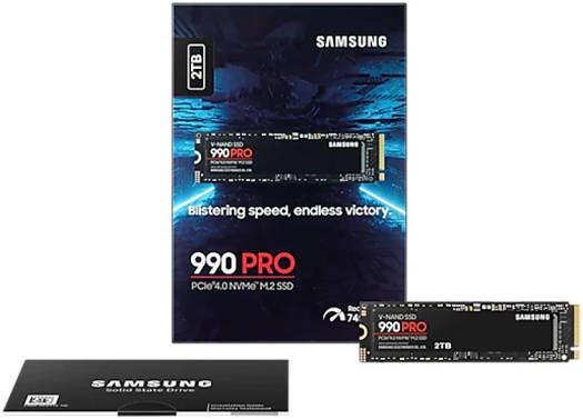 Samsung 990 Pro 2 TB NVMe Form Factor M.2 Internal SSD, PCIe Gen 4.0 x4, NVMe 2.0 Interface, 7450 MB/s Sequential Read Speed, 6900 MB/s Sequential Write Speed, 3.3 Voltage, V-NAND 3-bit MLC | MZ-V9P2T0BW