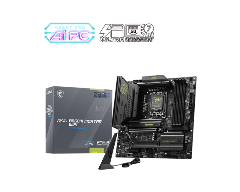 MSI MAG B860M Mortar WiFi Motherboard, mATX, Intel B860 LGA 1851, DDR5 256GB, PCIe 5.0 x16, 2x M.2 Gen5, Wi-Fi 7, 5G LAN, USB-C, 911-7E40-002