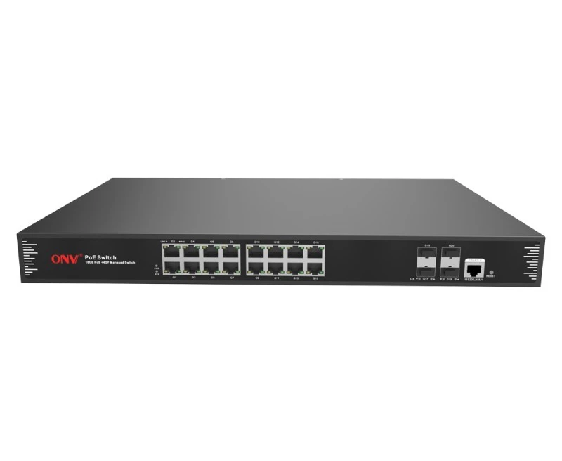 ONV Gigabit 20-port L2+ managed PoE switch 250W, 16x10/100/1000Base-T adaptive RJ45 ports and 4x100/1000Base-X uplink SFP fiber ports | POE33020PFM