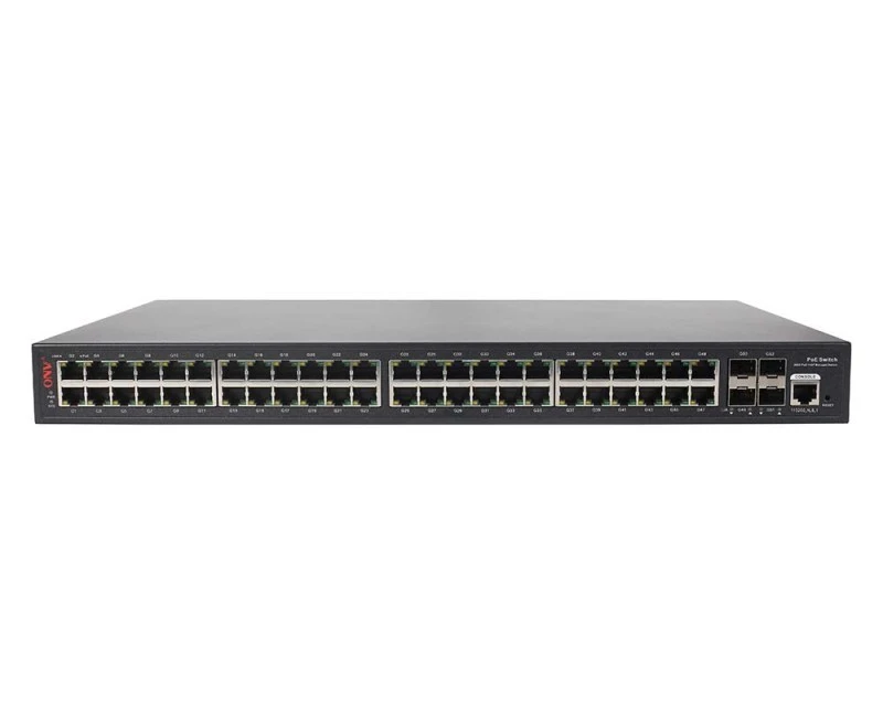 ONV Gigabit 52-port L2+ managed PoE switch with 48*10/100/1000M RJ45 ports and 4*100/1000M uplink SFP fiber ports. Port 1-48, 600W power supply | POE33052PFM