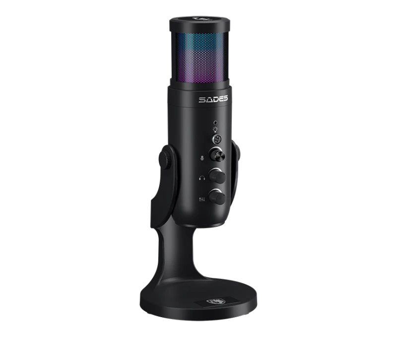 Sades OTUS Gaming Microphone – Black, USB Condenser, Cardioid, RGB, Mute Button