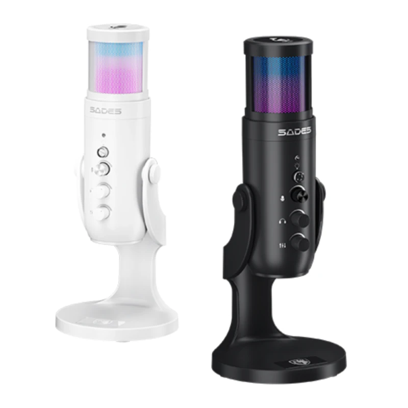 Sades OTUS Gaming Microphone – White, USB Condenser, Cardioid, RGB, Mute Button