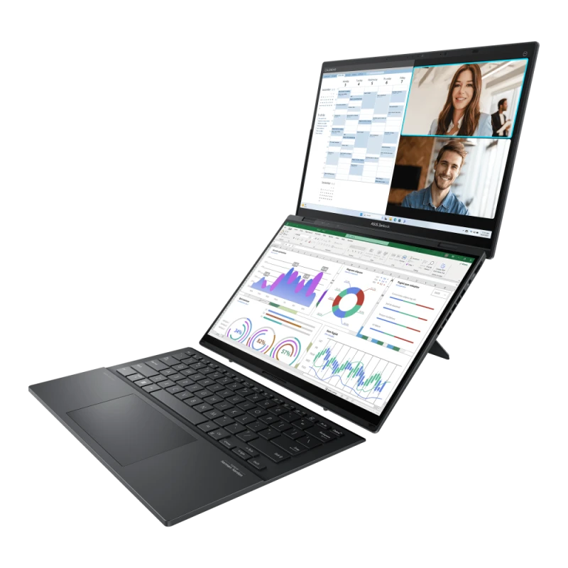 ASUS Zenbook DUO – Core Ultra 7 255H, 32GB RAM, 1TB SSD, Dual 14” 3K OLED Touch, Win11, Eng-Arab Keyboard – Grey + Sleeve & Stylus (UX8406CA-OLED7)