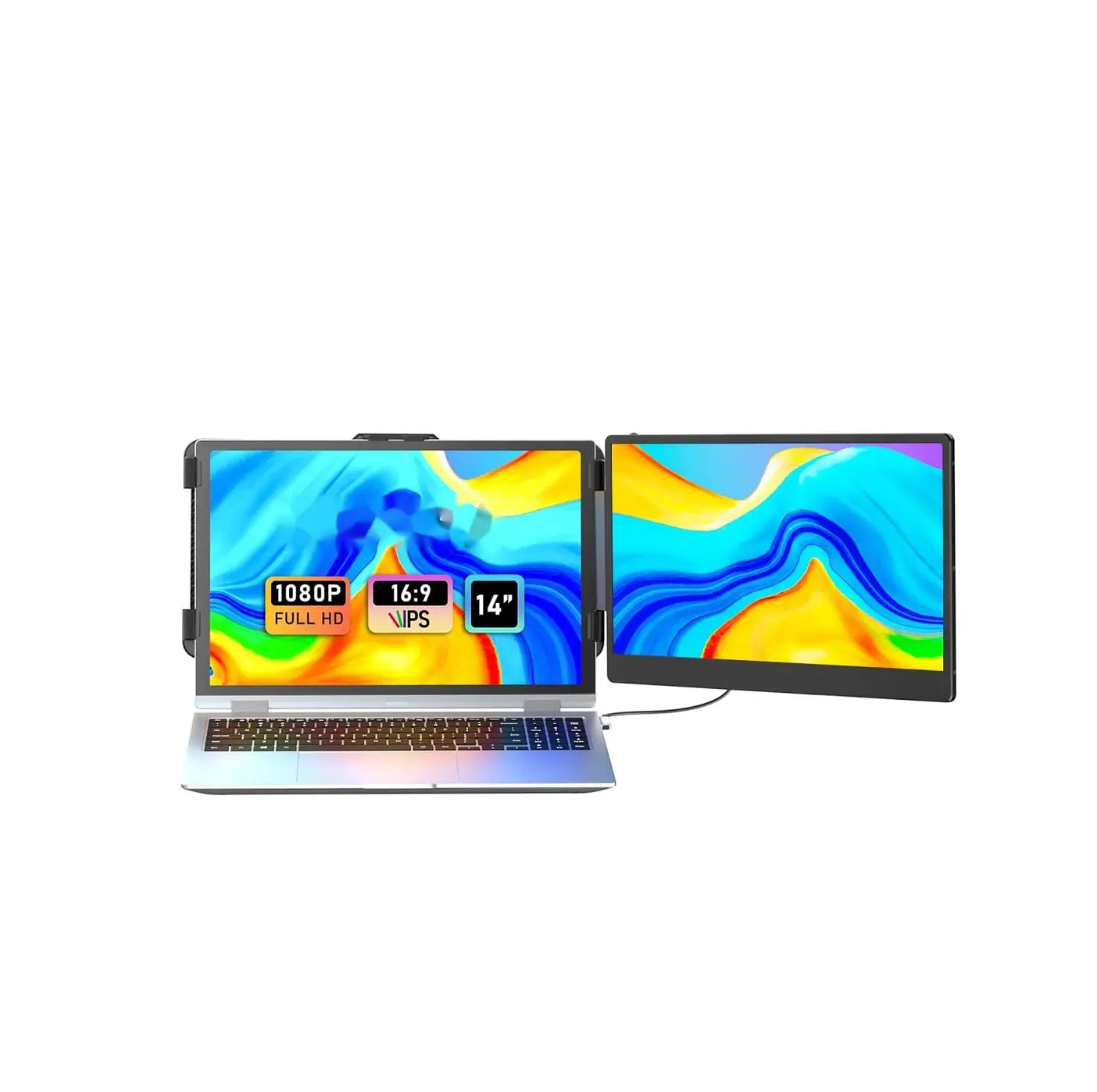V2COM Dual 14″ FHD IPS Laptop Monitor Extender S1PRO, USB-C & HDMI Plug‑and‑Play, 180° Rotation, Built‑in Speakers, Eye‑Care Display