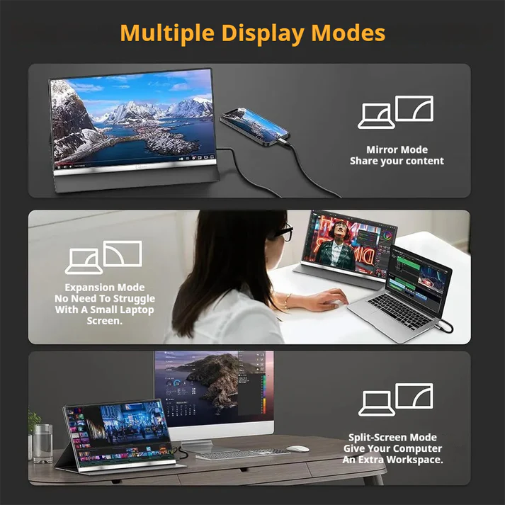 V2COM P4 Portable Monitor, 16" IPS Display, FHD Resolution, 60Hz Refresh Rate, 1ms Response Time, HDR Technology, 16.7m Color Display, Adjustable Eye-Care Screen, Black | P4