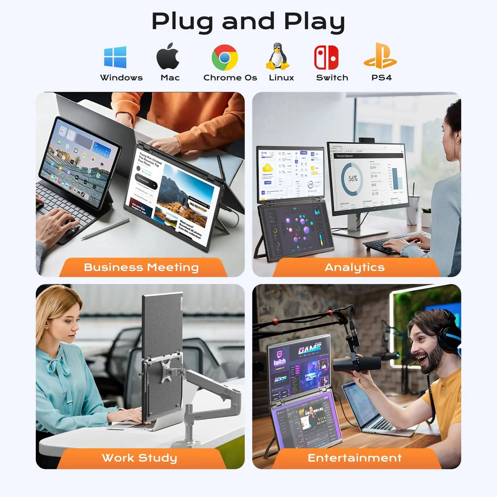 V2COM M4 15.6″ Dual Folding FHD IPS Portable Monitor, Aluminum Frame, 330° Adjustable Rotation, USB‑C & HDMI Plug‑and‑Play, 300 nits Brightness