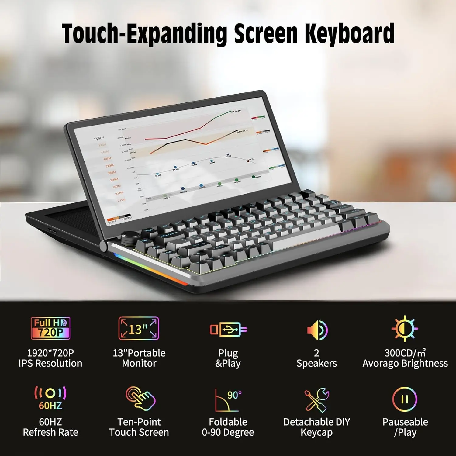 V2COM K3 Foldable 13″ Touchscreen Mechanical Keyboard Monitor, 10‑Point Touch, RGB 82‑Key, M.2 SSD Slot, USB‑C & USB‑A Hub