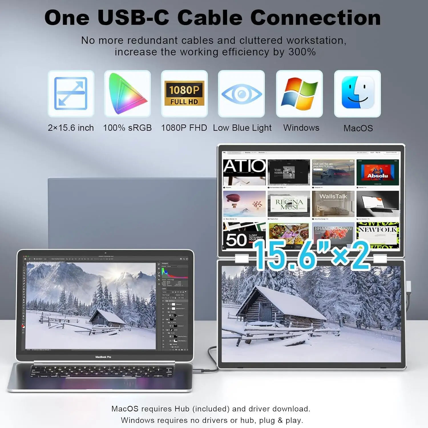 V2COM M2 15.6″ Folding Dual Portable Monitor, IPS FHD Display, 360° Rotation, USB‑C & HDMI, Metal Frame, Compatible with macOS/Windows