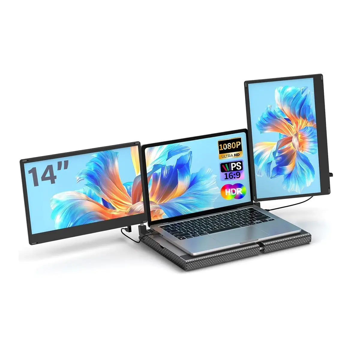 V2COM F3 14″ Triple Laptop Monitor Extender, Dual Foldable Full HD Screens, IPS, USB-C & HDMI, 270° Rotation, macOS/Windows Compatible