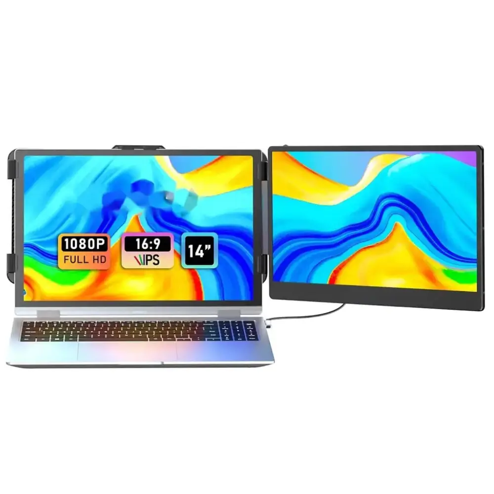 V2COM Dual 14″ FHD IPS Laptop Monitor Extender S1PRO, USB-C & HDMI Plug‑and‑Play, 180° Rotation, Built‑in Speakers, Eye‑Care Display