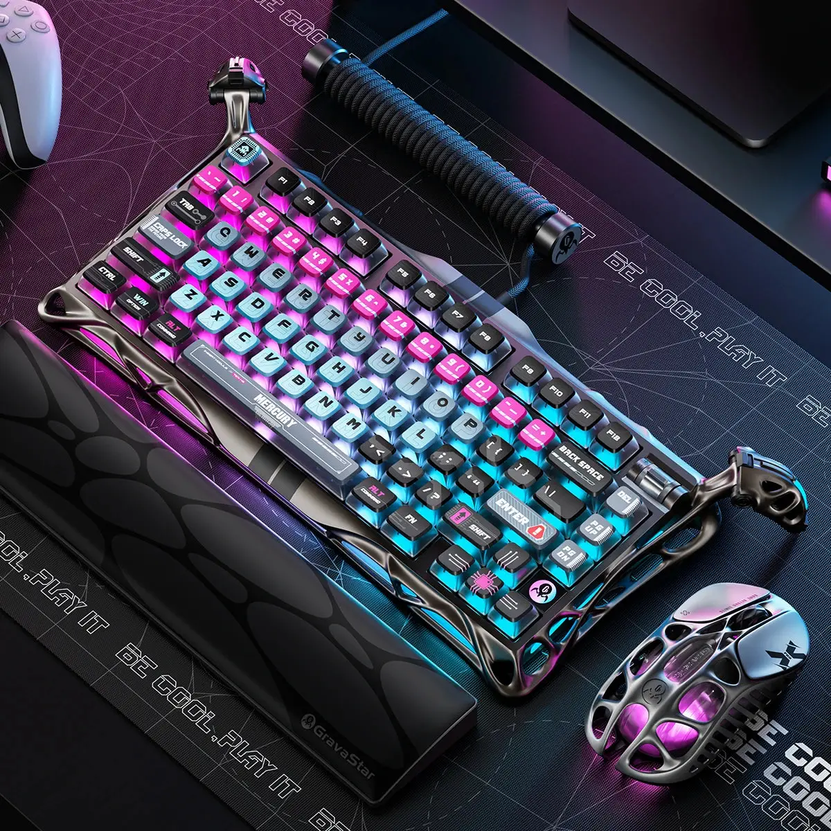 GravaStar Mercury V75 Pro Gaming Keyboard, 75% Layout, Cyberpunk Edition, Jade Hall Effect Switches, 8kHz Polling, RGB Backlight, Wired/BT/2.4GHz