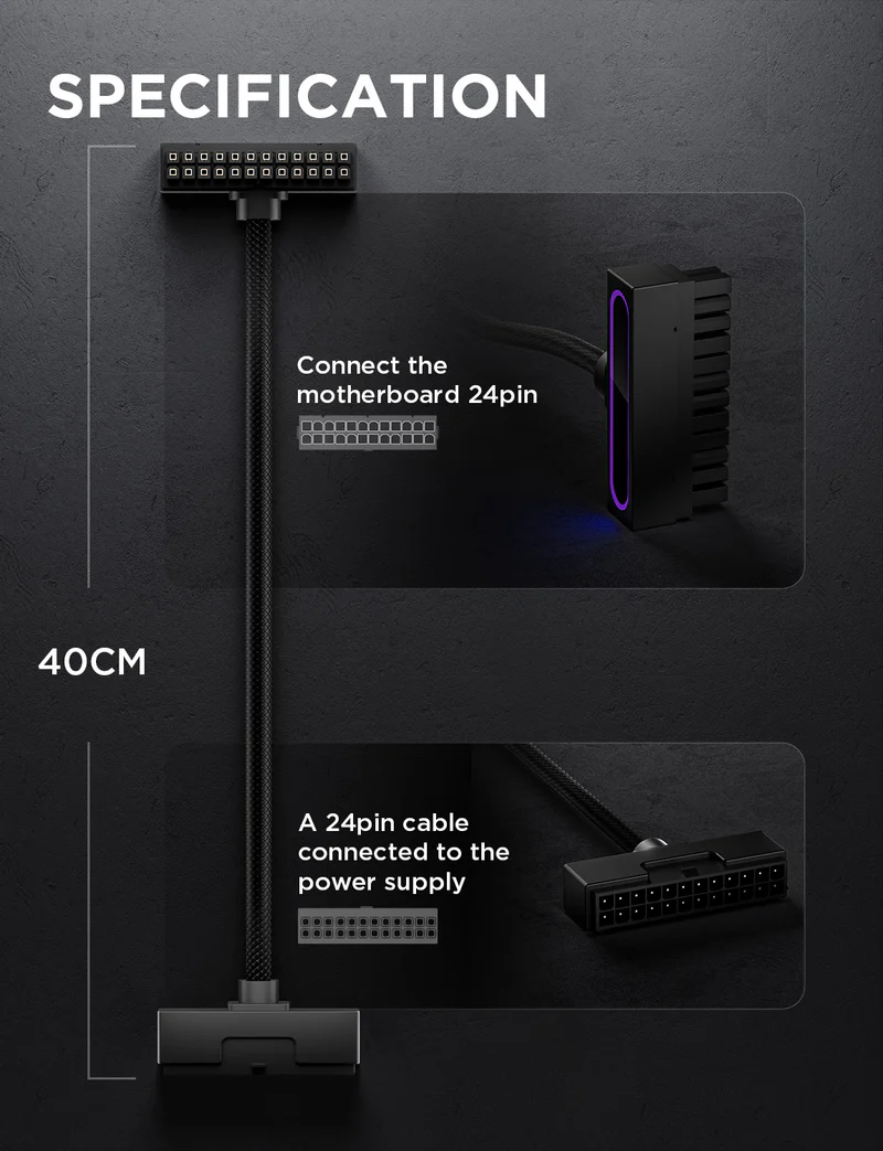 AsiaHorse Hydrus-24PIN PC PSU Extension Cable ARGB LED, Copper Wire Motherboard Power Extension Cable Integrated Minimalist Design, 2000W Power (Whole Set), PC Power Cord for Cable Management & DIY- 30CM