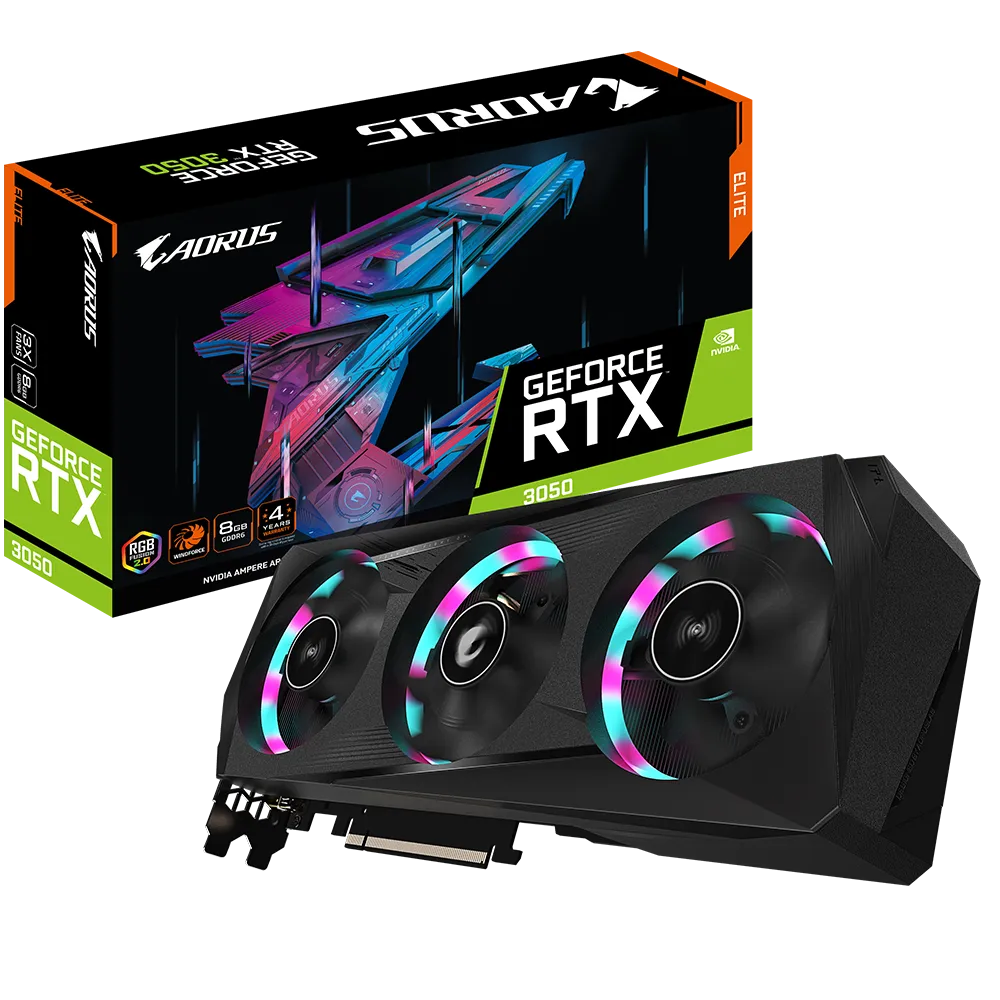 Gigabyte AORUS GeForce RTX 3050 ELITE 8G Graphic card, 8 GB GDDR6, 128 bit 224 GB/s, 2560 CUDA Cores, PCI-E 4.0, 3rd Generation Tensor Cores, black | GV-N3050AORUS E-8GD