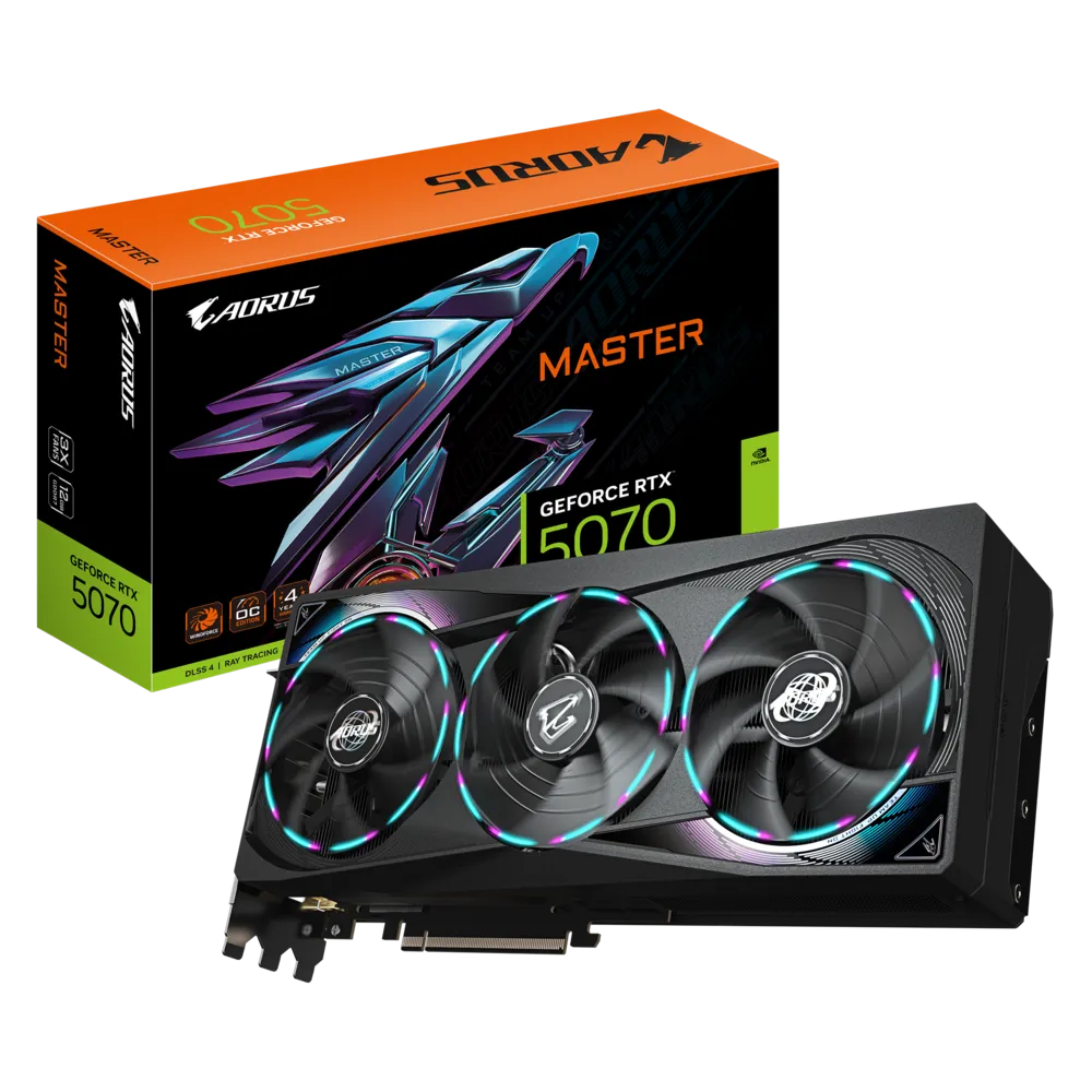 Gigabyte AORUS GeForce RTX 5070 MASTER 12G Graphic card, 12 GB GDDR7, 28 Gbps 192 bit, 6144 CUDA Cores, Max Boost 2715 MHz, DLSS4 | GV-N5070AORUS M-12GD