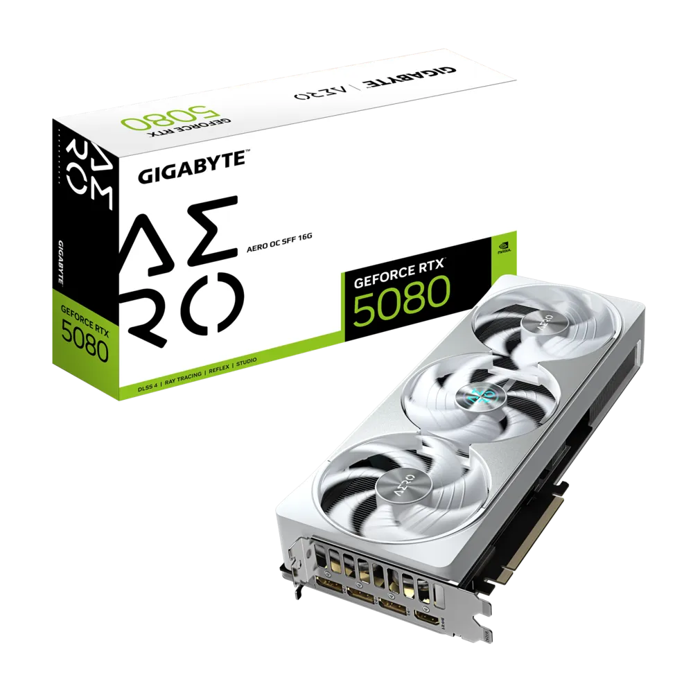 GIgabyte NVIDIA GeForce RTX 5080 AERO OC SFF 16G Graphic card, DLSS4,16GB GDDR7, 256, bit 30 Gbps, 2730 MHz Max Clock, PCI-E 5.0, White | GV-N5080AERO OC-16GD