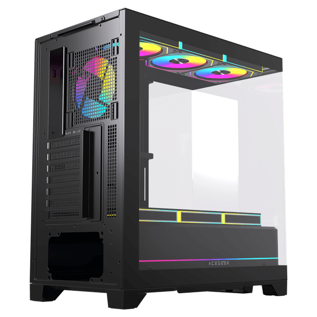 Acegeek RGB Midtower Black Gaming Case, 7x Pre-installed RGB Fans, 3 Sided View, E-ATX/ATX/M-ATX/ITX Motherboard Support, 360mm AIO Radiator Support, 420mm Max GPU