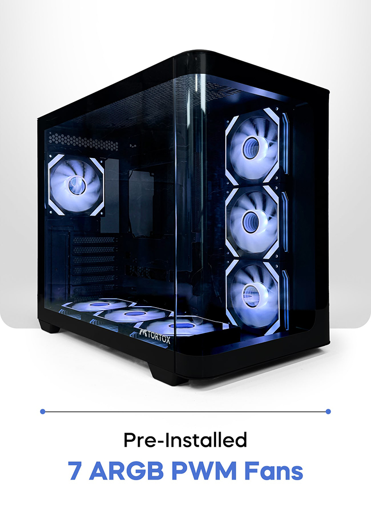 Tortox Curvo Gaming PC black Case ATX/M-ATX/ITX Gaming PC Case with 7x 120mm ARGB PWM Case Fans, 360MM Radiator Support, Type-C USB Port