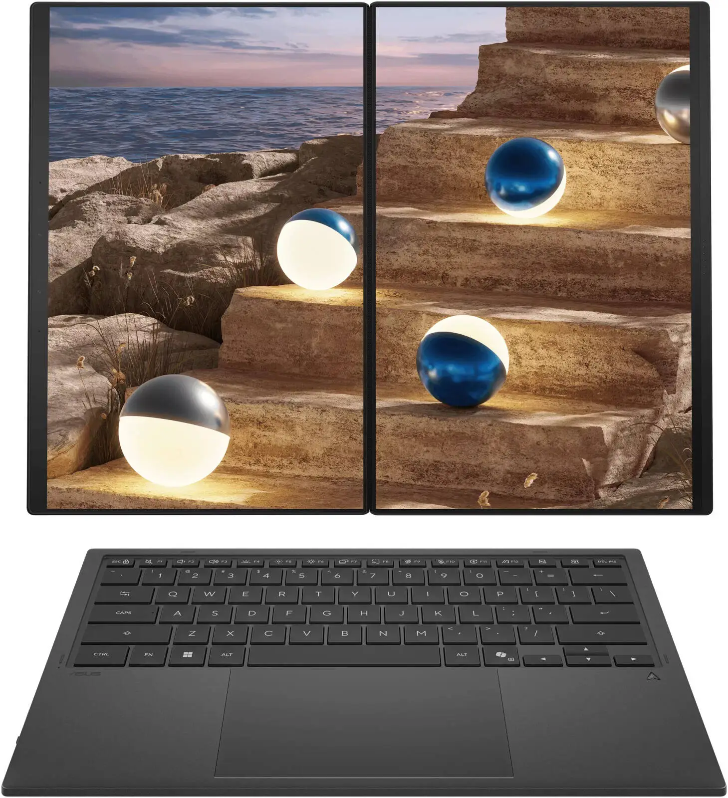 ASUS Zenbook DUO UX8407AA Copilot+ Laptop, 14" 3K OLED 144Hz Touch Display, Intel Core Ultra 7 355, 32GB RAM, 1TB SSD, Intel Graphics, English-Arabic K/B, Win11, Moher Gray | 90NB16V1-M008N0