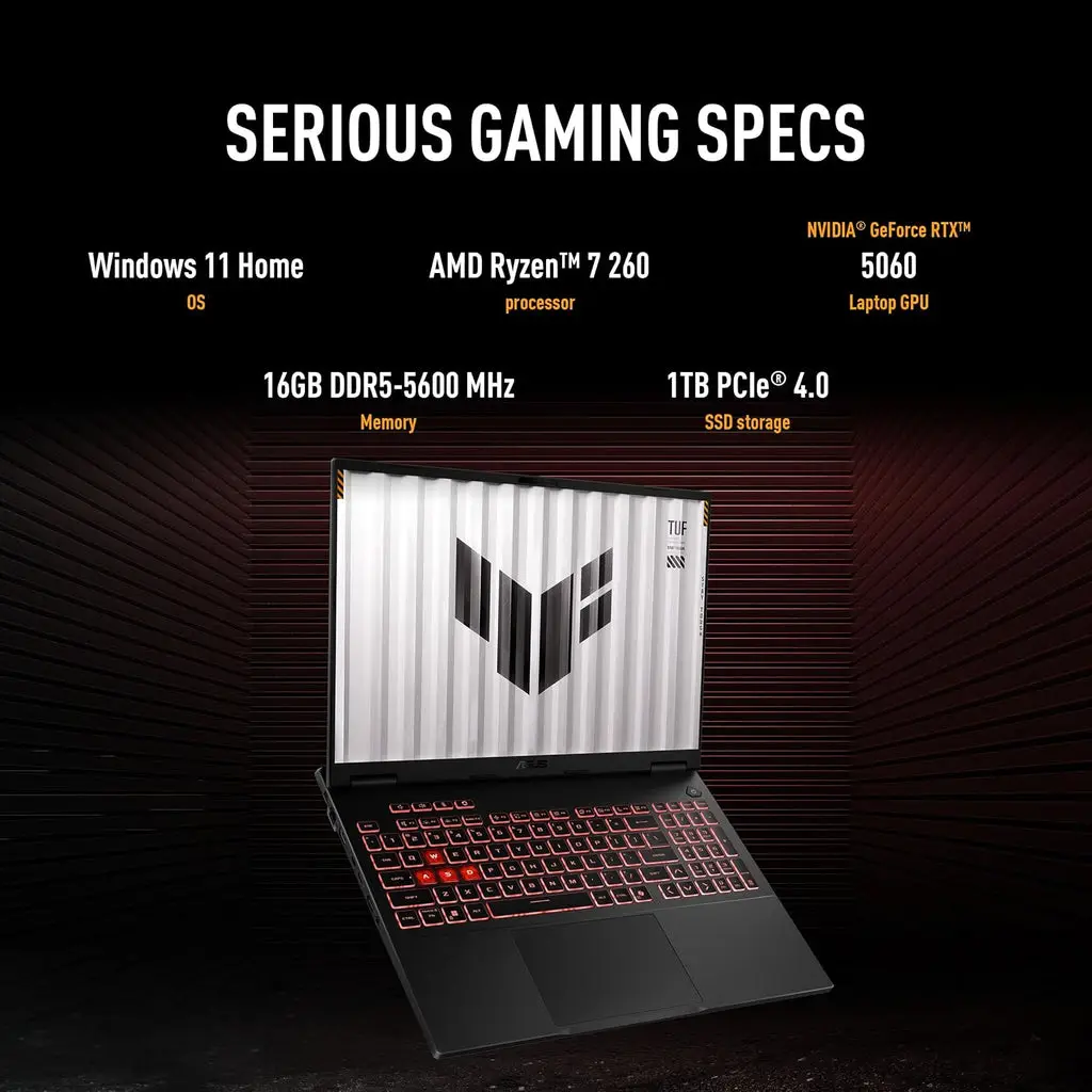ASUS TUF Gaming A16 FA608UMI Gaming Laptop, 16" WUXGA IPS 144Hz Display, AMD Ryzen 7 260, 16GB RAM, 1TB SSD, GeForce RTX 5060 8GB GPU, English-Arabic K/B, Windows 11 Home, Gray | 90NR0KV1-M00ER0