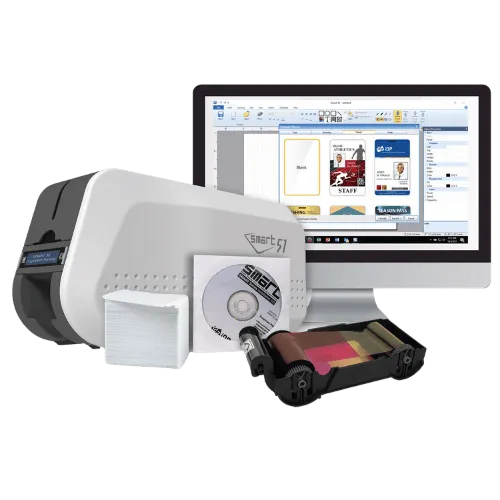 Smart 51S Single-Sided ID Card Printer Bundle with YMCKO Ribbon, 100 PVC Cards & ID Designer Basic Software (PRI-IDP51S)
