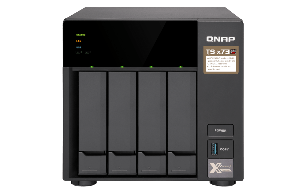 QNAP 4-Bay NAS - AMD R-Series RX-421ND 4-core 2.1 GHz processor (Turbo Core to 3.4 GHz), 4 GB SODIMM DDR4 (2 x 2 GB), 3.5"/2.5" SATA HDD & 2.5" SATA SSD Compatible | TS-473-4G