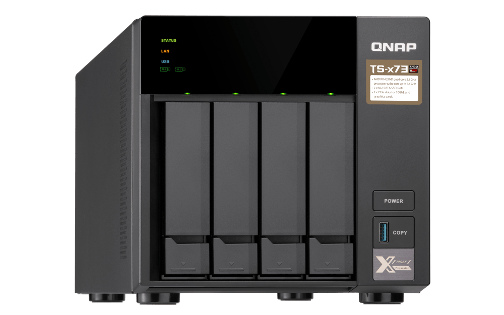 QNAP 4-Bay NAS - AMD R-Series RX-421ND 4-core 2.1 GHz processor (Turbo Core to 3.4 GHz), 4 GB SODIMM DDR4 (2 x 2 GB), 3.5"/2.5" SATA HDD & 2.5" SATA SSD Compatible | TS-473-4G