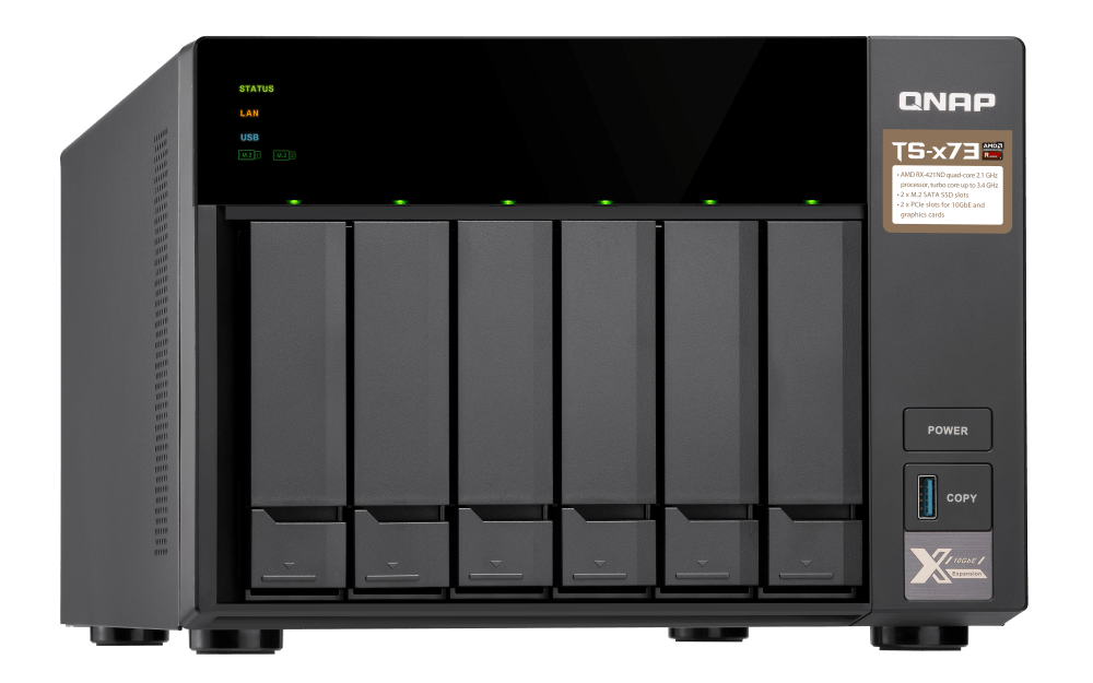 QNAP 6-Bay - AMD RX-421ND 2.1~3.4 GHz, 8GB DDR4 RAM (Max 64GB), 8x 2.5"/3.5" + 2x M.2 2280/2260 SATA 6Gb/s Slots, 4x GbE LAN, Optional 10GbE PCIe Expansion  | NAS TS-673-8G