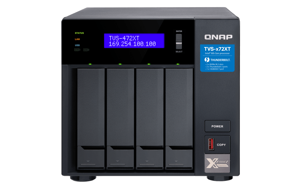 QNAP 4 Bay Thunderbolt NAS Enclosure - Intel Pentium G5400T Dual-Core 3.1 GHz, With 4GB RAM, 10GbE, Gigabit Ethernet, M.2 PCIe NVMe SSD Slots, Up to 1158 MB/s File Transfer Speeds, Black | TVS-472XT