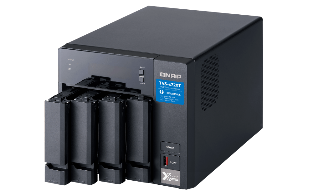 QNAP 4 Bay Thunderbolt NAS Enclosure - Intel Pentium G5400T Dual-Core 3.1 GHz, With 4GB RAM, 10GbE, Gigabit Ethernet, M.2 PCIe NVMe SSD Slots, Up to 1158 MB/s File Transfer Speeds, Black | TVS-472XT