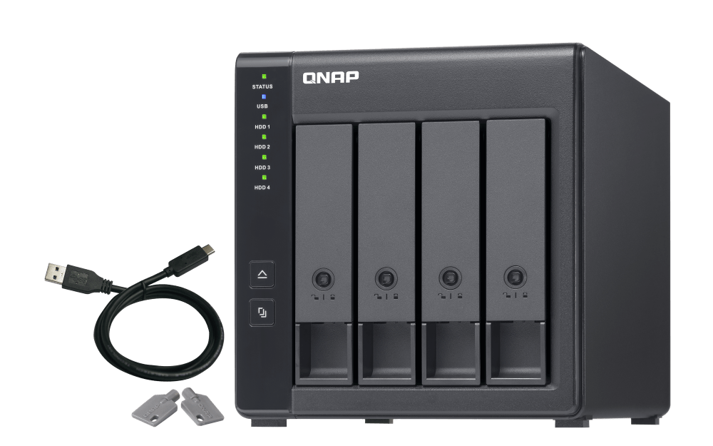 QNAP TR-004 4 Bay USB Type-C Direct Attached Storage with Hardware Raid Enclosure, Supports Up to 4 SATA Drives, 65W, 100-240V, 18.1 dbA Sound Level, 4 x 2.5 / 3.5 Inch SATA 3Gb/s | TR-004