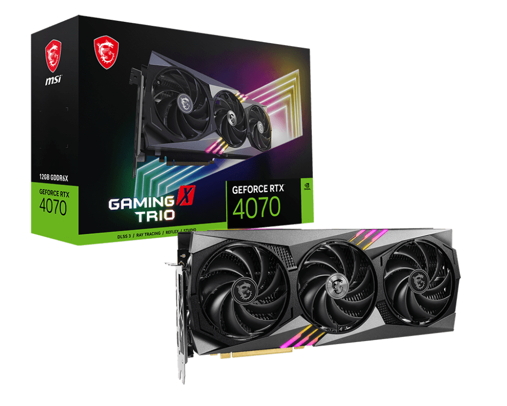 MSI RTX 4070 GAMING X TRIO Graphics Card, 12GB GDDR6X 192-bit Memory, 2610 Boost Clock, PCIE 4, DisplayPort x 3, HDMI x 1 | 912-V513-064