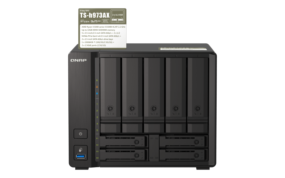 QNAP TS-h973AX 9-Bay NAS Enclosure - AMD Ryzen V1500B 2.2 GHz, 8GB DDR4 RAM, 5 x 3.5" and 2 x 2.5" SATA Drive Bays, 10GbE/2.5GbE, USB 3.2 Type-C & Type-A, QuTS Hero 4.5 OS, Black | TS-H973AX-8G